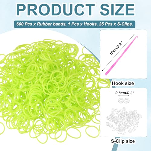MECCANIXITY 600 Pcs Loom Rubber Bands Kit with 25 Pcs S-Clips 1-Hook Rubber Bands Refill Bracelet Making Kits for Weaving DIY Handcrafts Gift, Fluorescent Yellow - color: Fluorescent Yellow