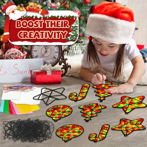 QOUBAI 32 Sets Christmas Theme Suncatchers Craft Kit DIY Window Stained Glass Effect Christmas Theme Paper Crafts Home School Classroom Decoration Kid Birthday Gift Creative Art Project Activity Game - style: Christmas