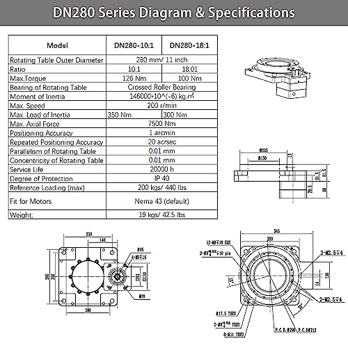 Hollow Rotary Actuator High Accuracy Hollow Rotating Platform Rotary Positioners, Fitting Nema 43 Stepper Motor, Substitutable for Direct Drive Motor and Cam Indexer - size: DN 280, style: Ratio 10:1