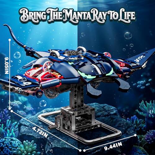 Mechanical Manta Ray Ocean Construction Toy Building Block Set, 1003 Pcs Movable Wings LED Lights, Compatible with Lego, Toys Christmas Birthday Gifts for Boys Teens Ages 8-12 & Adults - size: MANTA RAY