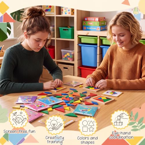 Dunzoom 50 Pack Wooden Tangram Puzzle Bulk Kid Party Favor Educational Toy