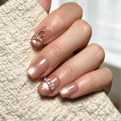 6 Packs (144 Pcs) | Reusable Press on Nails | cute nails | 6-Style Bundle | 12 Sizes | Each Style 24 Pcs | Blush Pink Bow Cat Eye - color: Blush Pink Bow Cat Eye