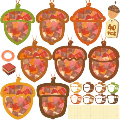 Renbuzhu 40-Pack Fall Acorn Paper Suncatchers Crafts Kit - DIY Autumn Stained Glass Window Decorations for Thanksgiving Activities, Art Projects - style: acorn