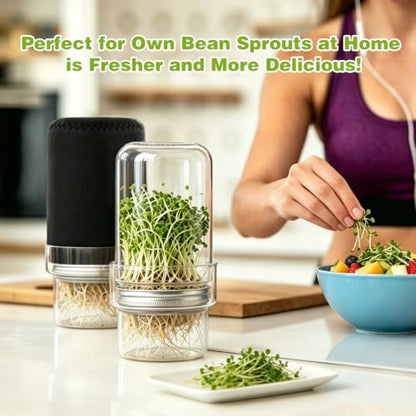 Sprouting Jar Kit, 2 Wide Mouth Sprouting Jar with Stainless Steel Screen Sprout Lids, Blackout Sleeves, Drain Cover, Sprouts Growing Kit for Broccoli, Mung Beans, Alfalfa & Microgreens