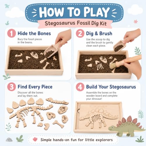 Dino Excavation Archaeology Dig Kit, Fossil Digging Kit for Kids, Dinosaur Skeletons Bones Puzzle Game with Wooden Storage Box, STEM Toys for Boys and Girls (Stegosaurus) - color: Stegosaurus