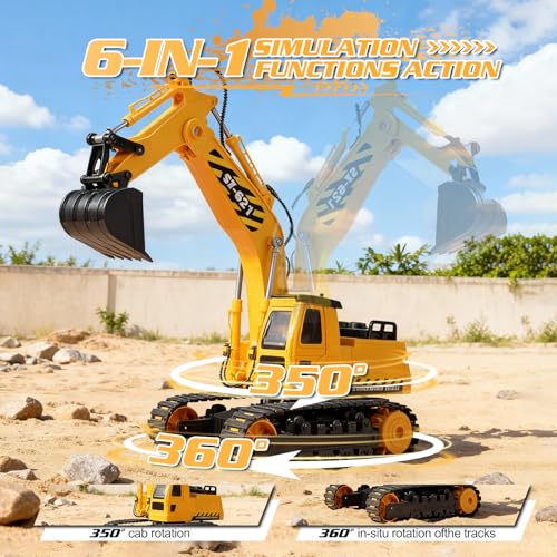 DOUBLE E Remote Control Excavator Toy, 2*Batteries 2.4GHz RC Excavator, 6-in-1 Digging/360° Rotation, 20M Range Sandbox Construction Toys Birthday Gift for Boys/Kids 6+ Years - color: Yellow