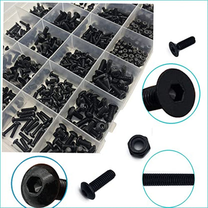 600pcs Metric Bolt Assortment M2.5 M3 M4 Alloy Steel Hex Button and Flat Head Cap Machine Screws and Lock Nuts RC Screw Kit Black Zinc Plating - size: black 600pcs hex buton haed
