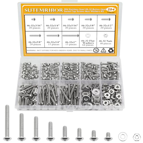 254 Pieces #6-32 x 3/16", 1/4", 5/16", 3/8", 1/2", 5/8", 3/4", 1", Button Head Socket Cap Screws Nuts Washers Assortment Kit - size: #6-32, style: Button Head Socket Cap