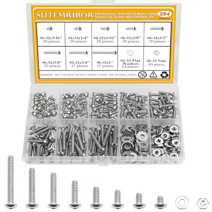 254 Pieces #6-32 x 3/16", 1/4", 5/16", 3/8", 1/2", 5/8", 3/4", 1", Button Head Socket Cap Screws Nuts Washers Assortment Kit - size: #6-32, style: Button Head Socket Cap