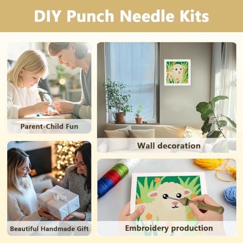 DOODLREAM Lamb Grass DIY Punch Needle Embroidery Kit for Adult Beginner, 9.4" Sheep Flowers Animal Punch Stitching Craft Set for Starter with Frame, Fabric Pattern, Threader, Yarn, Pinch Needle - color: Lamb