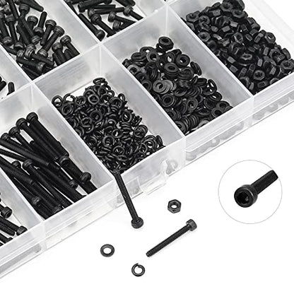 HELIFOUNER 560 Pieces M2 x 4mm /6mm /8mm /10mm /12mm /16mm /20mm, Hex Socket Head Cap Screws Bolts Washers Nuts Kit, 12.9 Grade Alloy Steel, Full Threaded, Black - size: M2, style: Socket Head