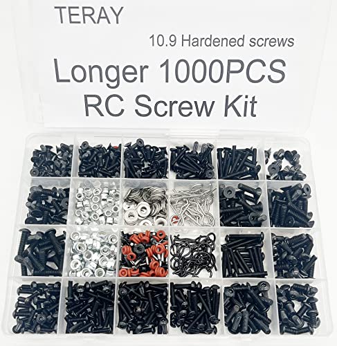 1000pcs Universal RC Screw Kit Screws Assortment Set, Hardware Fasteners for Traxxas Axial Redcat HPI Arrma SCX10 Losi 1/8 1/10 1/12 1/16 Scale RC Cars Trucks Crawler (1000pcs Longer RC Screws) - style: 1000pcs longer RC Screws