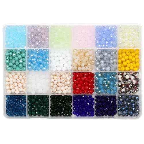 Round Faceted Crystal Glass Beads Assorted Kit - 6mm Size, 24 Multicolor Options (1,200pcs Total) with Organizer Box for Adult DIY Jewelry Making - size: 6mm