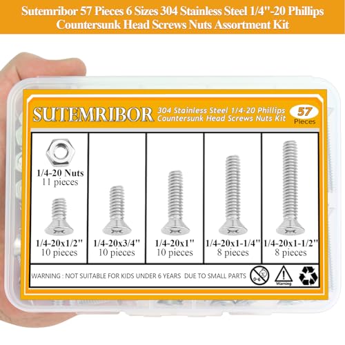 57 Pieces 1/4-20 x 1/2", 3/4", 1", 1-1/4", 1-1/2", Phillips Countersunk Head Machine Screws Nuts Assortment Kit - size: 1/4"-20, style: Phillips Countersunk Head