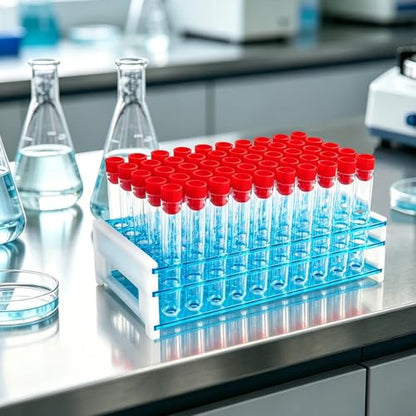 50 Pcs 16 x 100 mm Clear Plastic Test Tubes with Caps and Rack, 12 ml Laboratory Tubes and Holder Set for Science Experiments, Classroom, Nurse Graduation Decor, and Halloween Party Favors
