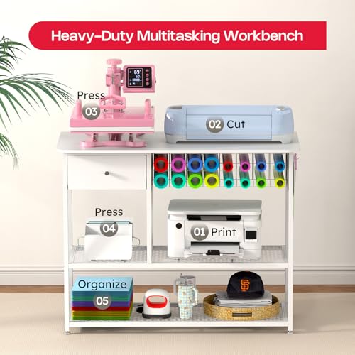 Crafit Extra Large Heat Press Table with Vinyl Storage, Foldable Stand - color: Extra Enlarged Size - White