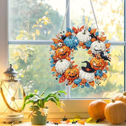NAIMOER Halloween Diamond Art Hanging Kits for Adults, Pumpkin 5D Special Shaped Rhinestone, DIY Acrylic Diamond Art Painting Window Pendants Home Garden Wall Hanging Ornament Kits, Double Sided - color: Halloween Pumpkin