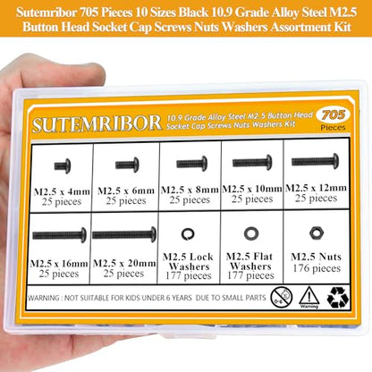 705 Pieces M2.5 Screws Nuts Washers Set Black, Sutemribor M2.5 x 4/6/8/10/12/16/20mm Button Head Socket Cap Screws Nuts Washers Assortment Kit, 10.9 Grade Alloy Steel, Fully Threaded - size: M2.5 x 4/6/8/10/12/16/20mm Kit, style: Button Head