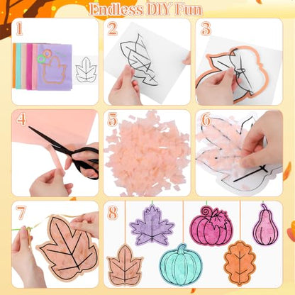 Aneco 24 Sets DIY Boho Fall Pumpkin Suncatchers Craft Kit, Tissue Paper Sign Art Crafts Hanging Decor Window Stained Glass Effect for Thanksgiving Party Supplies Holiday Home Activities Party Favors - style: Boho Fall