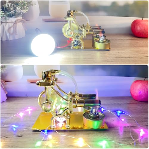 MagicTech Hot Air Stirling Engine Double Cylinder Electricity Power Metal Physics Assembly Model Golden JY43 - size: 6.29 x 3.43 x 4.72 Inch