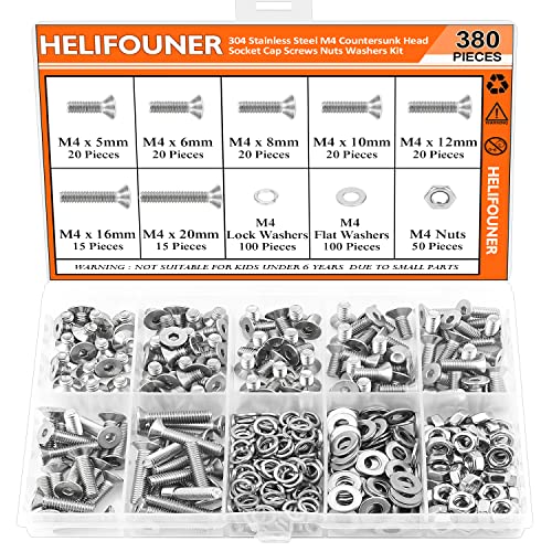 HELIFOUNER 380 Pieces M4 x 5mm /6mm /8mm /10mm /12mm /16mm /20mm, Countersunk Head Socket Cap Screws Bolts Washers Nuts Kit, 304 Stainless Steel - size: M4, style: Countersunk Head Socket Cap