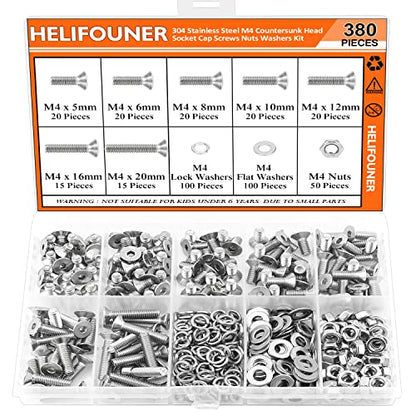 HELIFOUNER 380 Pieces M4 x 5mm /6mm /8mm /10mm /12mm /16mm /20mm, Countersunk Head Socket Cap Screws Bolts Washers Nuts Kit, 304 Stainless Steel - size: M4, style: Countersunk Head Socket Cap
