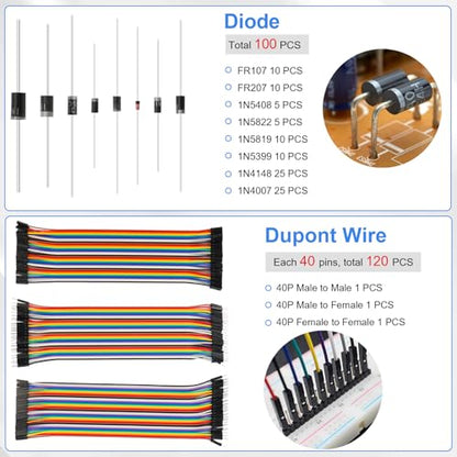 Electronic Component Kit, 1628 Pcs DIY Electronics Kit with LED Diodes, Diodes, Metal Film Resistors, Electrolytic Capacitor, Transistors, Ceramic Capacitors, Dupont Wire, PCB Board, Breadboard - size: 1628 Pcs