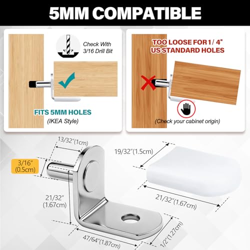 24 Pack Shelf Pegs 5mm (3/16'') with Storage Box, L-Shaped Metal Shelf Pins with Anti-Slip Caps, Nickel Plated Replacement for Kitchen Pantry, Bookcase, Medicine Cabinet & Glass Shelves - size: 5mm