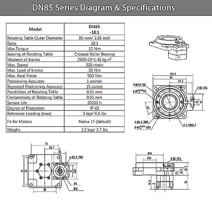 Hollow Rotary Actuator High Accuracy Hollow Rotating Platform Rotary Positioners, Fitting Nema 17 Stepper Motor, Substitutable for Direct Drive Motor and Cam Indexer - size: DN 85, style: Ratio 18:1