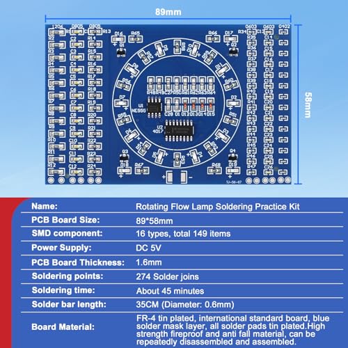 SMD Soldering Practice Kit – Build a LED Light Rotating Display | DIY Electronics Training Kit for STEM Education, Beginner Soldering School Project with PCB Board