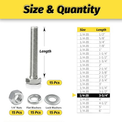 15 Sets 1/4-20x3-3/4 Bolt and Nut Set, Flat & Lock Washers Included,60PCS - size: 1/4-20x3-3/4" 15sets
