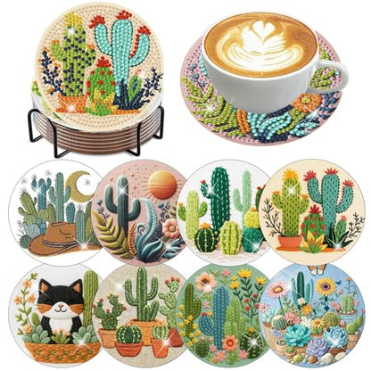 mrpwnle 8 Pcs Diamond Art Coasters Kits, Cactus Diamond Painting Coasters - color: Cactus