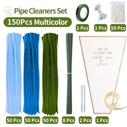 Blue Pipe Cleaner Kit With 150 Pcs Pipe Cleaners Colourful in 3 Colours(Dark Blue,Light Blue,Green),8 Pcs Green Floral Wire,40 Pearls,40 Stamen,Floral Tape,Flower Wrapping Paper and Ribbon - color: Blue