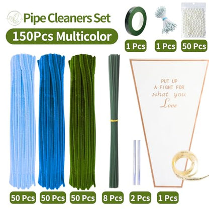 Blue Pipe Cleaner Kit With 150 Pcs Pipe Cleaners Colourful in 3 Colours(Dark Blue,Light Blue,Green),8 Pcs Green Floral Wire,40 Pearls,40 Stamen,Floral Tape,Flower Wrapping Paper and Ribbon - color: Blue