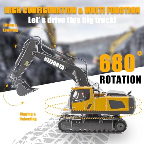 KIZJORYA Remote Control Excavator, Toys for Boys Age 6-12, Rechargeable 11 CH RC Construction Vehicles Truck with Sound Light Metal Shovel, Birthday for Kids 7 8 9 10+ Year Old(2.4 GHz) - style: real remote control Excavator