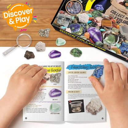 EDUMAN Rock Collection for Kids, 12 Specimens Box + 700g Real Crystals & Minerals STEM Gemstone Kit for Kids with Rock Identifier & Magnifier, Educational Geology Gift for Boys Girls Ages 6-12
