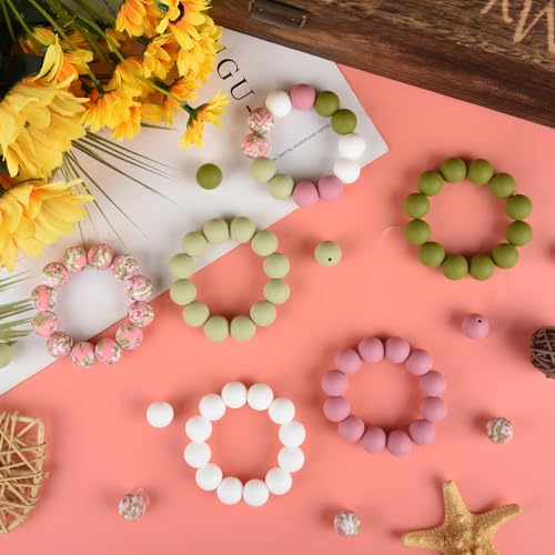 ASTARON 100 Pcs 15mm Spring Pink Green Silicone Beads for Keychain Making - color: Pink Green White