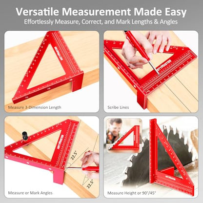 8 inch 3D Multi-Angle Measuring Square Ruler, WT103C High Precision Hole Scribing Woodworking Tools, 0-90° Aluminum Alloy Carpenter Square with Stair Gauges, Carpenter Pencils 6 Refills. - color: 8 inch Square+Pencil+Stair Gauge, style: Imperial