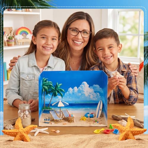 AmazingSpark 2 Set Summer Beach Diorama Box and Sand Sticker Decor, Seaside Diorama Project Supplies Set, Ocean Cardboard Display Case Kit & Waves Sticker with Double Sided Tapes for DIY Crafts - style: Beach