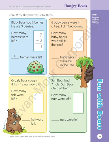 Evan-Moor Skill Sharpeners Math Workbook, Grade 1, Addition, Subtraction, Counting to 100, Test Prep, Number Words, Geometry, Measurements, Data, Place Value, Tell Time, Metric System, Fun Activities
