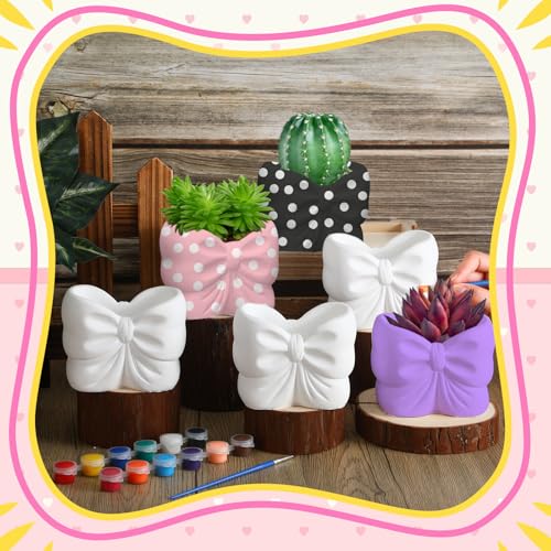 Beeveer 6 Sets Paint Your Own Coquette Bow Succulent Planter Ceramic Blank Unpainted Flower Pots DIY Paintable Porcelain Vase Kit for Kids Christmas Classroom Craft Project Activity Supplies - style: Coquette Bow