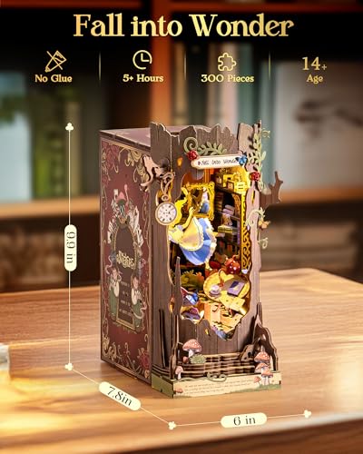 Rolife Book Nook Kit Fall into Wonder 3D Wooden Puzzles 9.9" Wonderland Booknooks DIY Miniature Kit with LEDs Fairy Tale Bookshelf Decor Craft for Adults Gift for Mom Women Men
