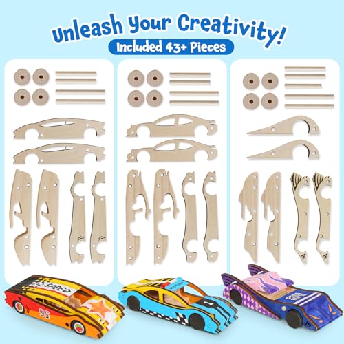 3 Pcs Wooden Cars, Unfinished Wooden Cars to Paint Wood DIY Cars Arts and Crafts Kit for Students Home Activities Easy Woodworking and Family Time (Paints and Brushes not Included)