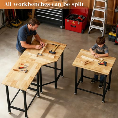 Betterhood 48"/60" Heavy-Duty Adjustable Workbench for Garage, Rubber Wood Shop Table,Hardwood Workstation Weight Capacity Over 1500 Lbs (Rubber Pad/Power Outlets/Ruler/63 x21.7 x35.8) - size: Rubber Pad/Power Outlets/Ruler/63"x21.7"x35.8"