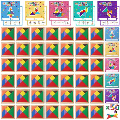 Dunzoom 50 Pack Wooden Tangram Puzzle Bulk Kid Party Favor Educational Toy