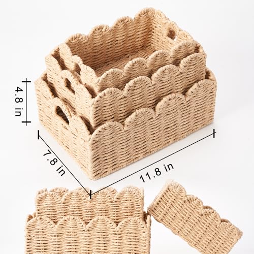 Scalloped Wicker Baskets Set of 3, Hand-Woven Storage with Handles - color: Beige