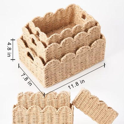 Scalloped Wicker Baskets Set of 3, Hand-Woven Storage with Handles - color: Beige