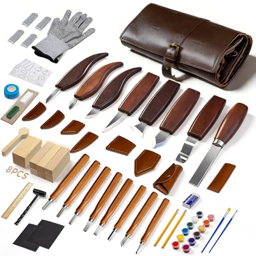68-Piece Wood Carving Kit for Adults and Beginners, 16 Whittling Knives & Chisels, 8 Basswood Blocks, Leather Tool Roll, Safety Gloves, Paints and Templates, Carving Gift Set for Men