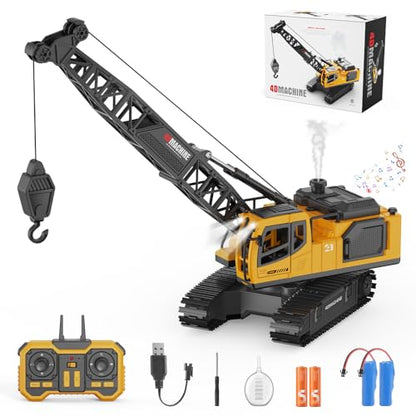 Remote Control Crane Toy for Boys, 2.4GHz RC Crawler Crane with Metal Hook & 2x1200mAh Batteries, 1:18 12-Ch RC Construction Vehicle with Lights, Sound,Spray, Birthday Gift for Kids Ages 8-12 - size: 7.3*4.5*7.5IN