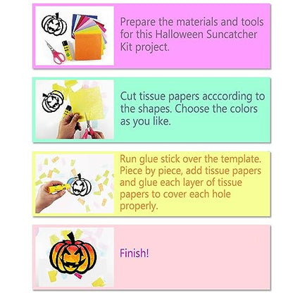 VHALE Suncatchers Craft 3 Sets (9 Cutouts) w Tissue Papers Stained Glass Effect Paper Sun Catcher Kit, Window Art, Classroom Crafts, Creative Art Projects, Kids Party Favors (Halloween) - style: Halloween